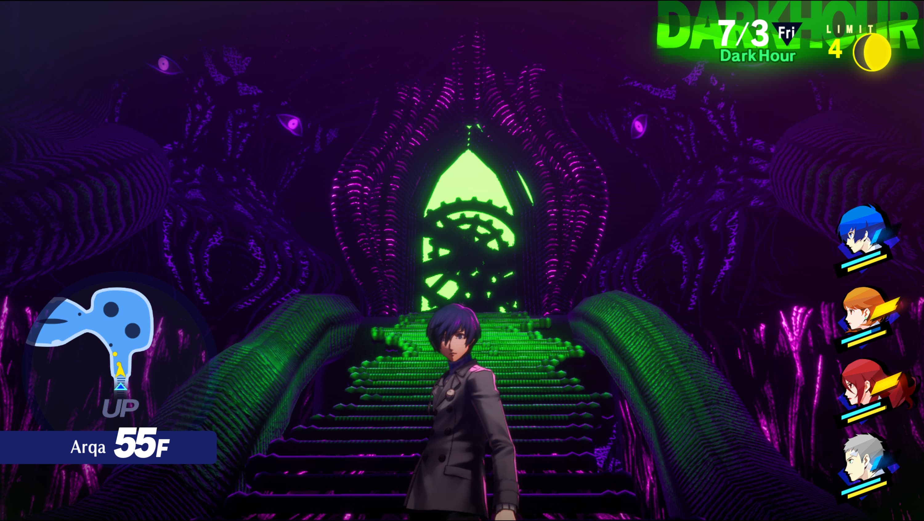 Makoto Yuki looking rather distinguished in his dark, winter jacket. He looks at the camera, a magenta back-lighting outlining his form and contrasted against the bright green light that pours from the upper level onto the stairs leading up to it.
