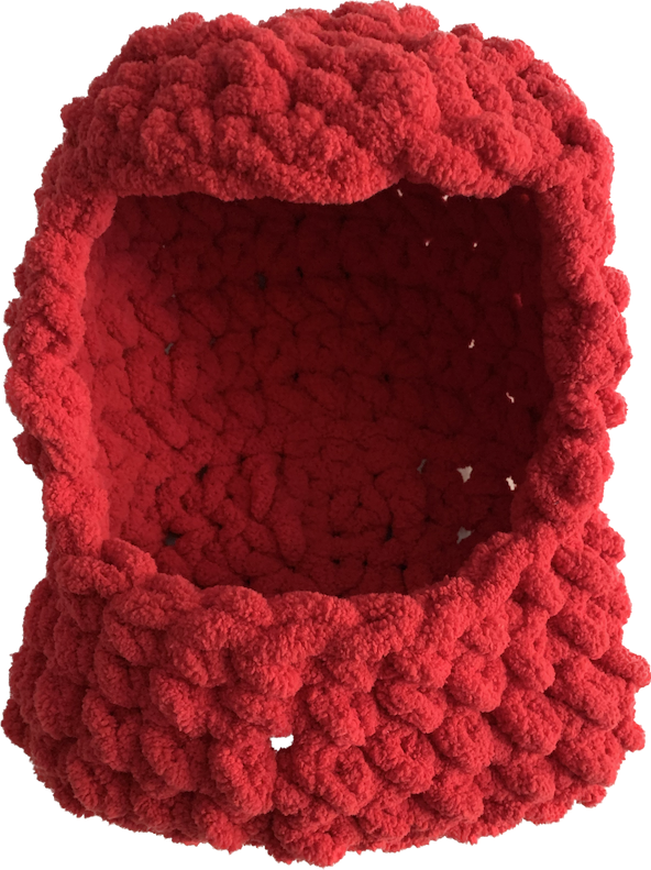 red balaclava made out of chunky yarn