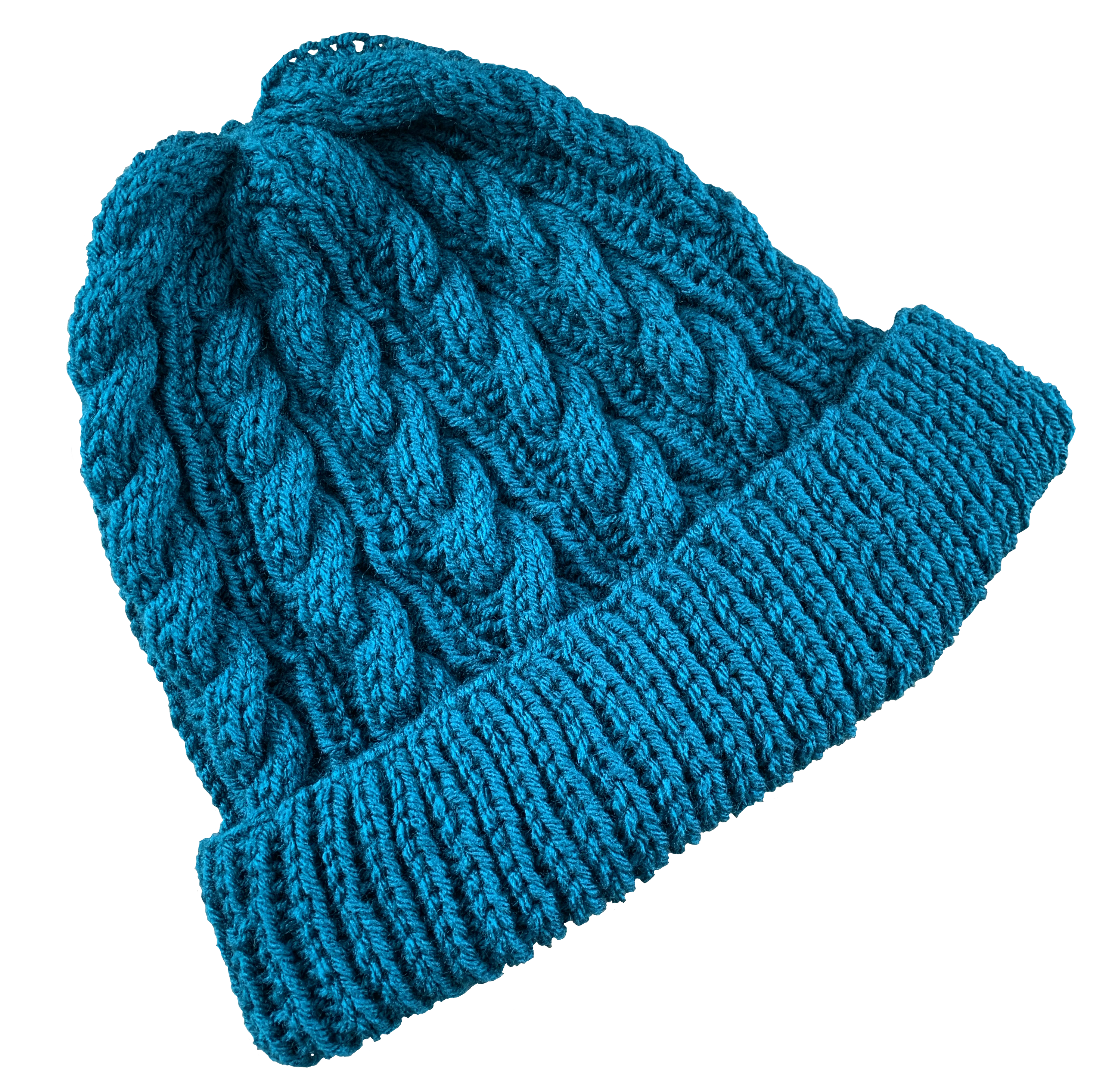 Turqouise beanie with cable stitch