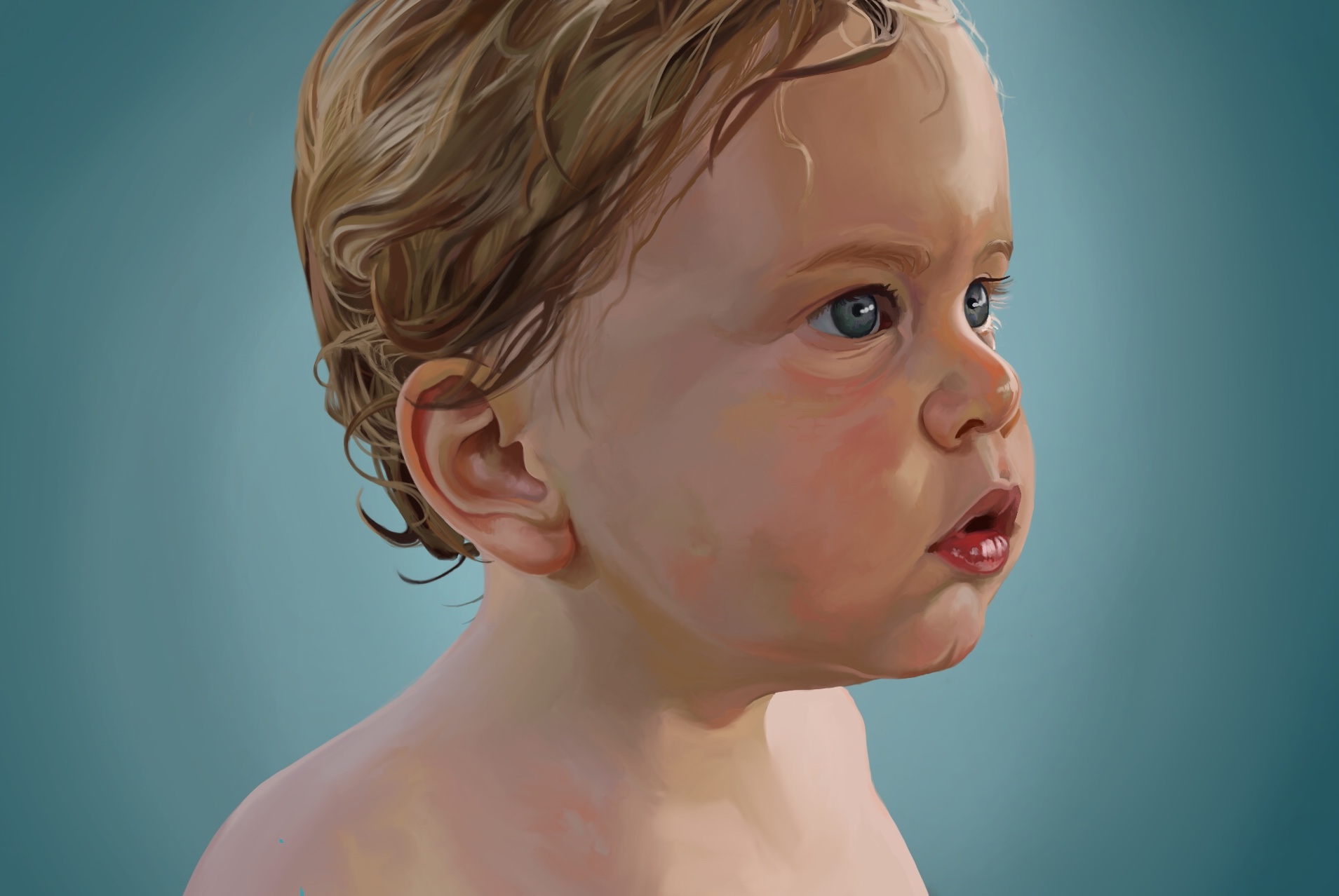 a digital painting of a baby with big, blue eyes, looking into the distance