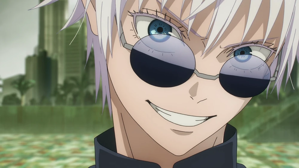 Gojo wears black shades and smiles deviously