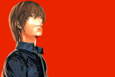 a colored picture of Light Yagami against a red background looking down on the viewer