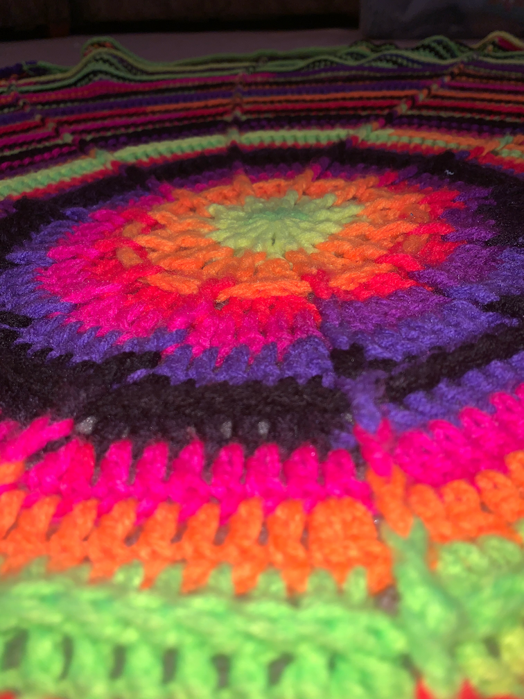 close up of a spiderweb blanket, with raised stitches to indicate webbing