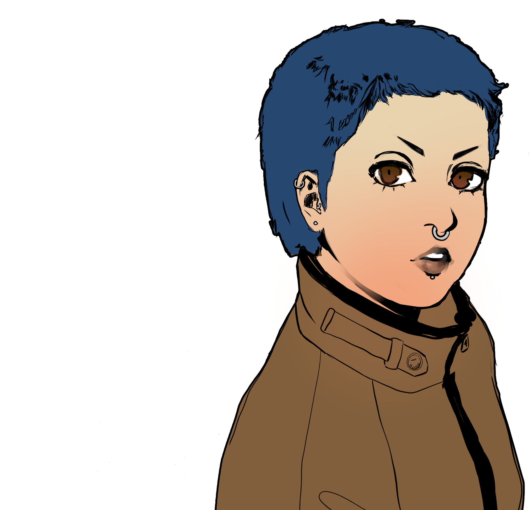 SwiftRed drawn in the Persona style, with blue hair