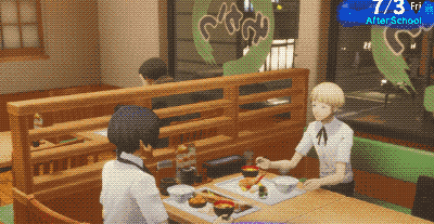 A highly dithered image of Bebe and Makoto sitting in a booth at Wakatsu. The verdant greens and browns of the photo give it a youthful, happy appearance, but Bebe himself is feeling dejected.