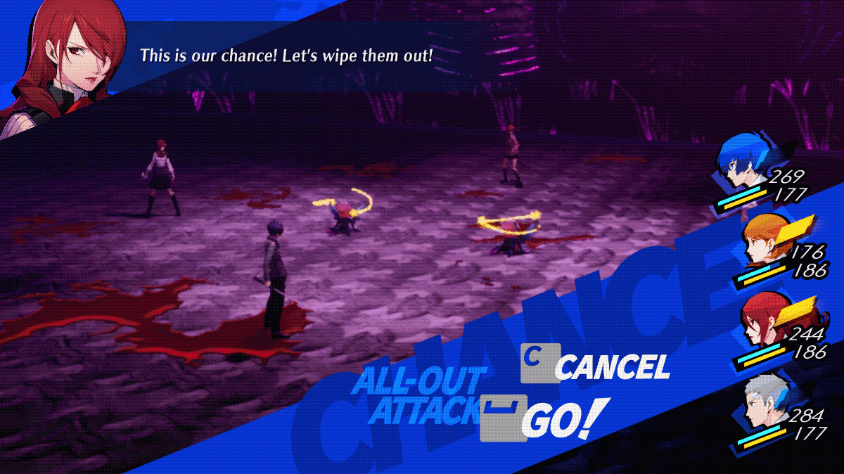The crew, consisting of Makoto, Mitsuru, Yukari, and Akihiko, surround two downed shadows, which, judging by the swirling stars around them, look to be dizzy.