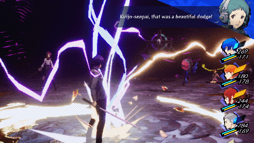 Makoto Yuki in battle with his peers. He stands tall, but he's in the midst of getting struck by purple-blue-yellow lightning.