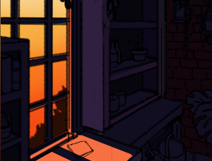 a darkly lit drawing of a room with a bright orange light shining through the window