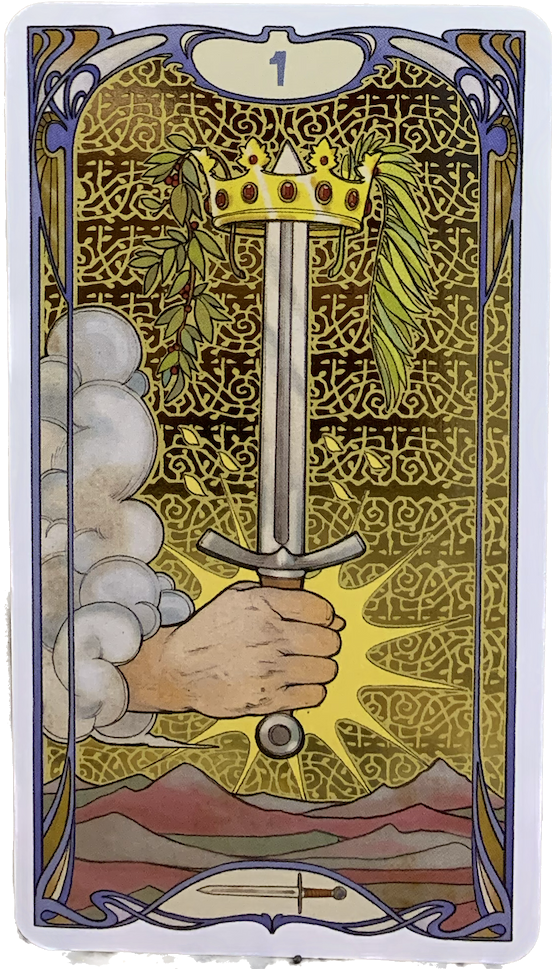 A shining hand emerges from a cloud, holding a sword topped with a crown and leaves