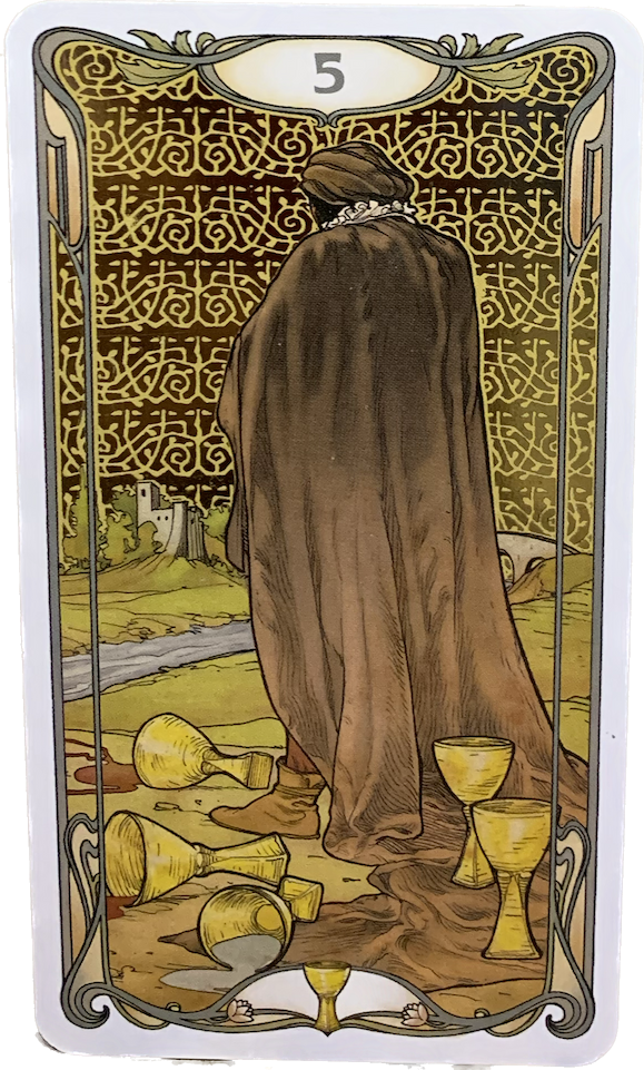 A cloaked man turns his back to five cups. The two cups directly behind him are upright, and the three beside him are spilt