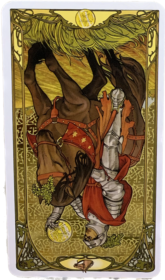 A knight rides a horse and examines the pentacle in his hand