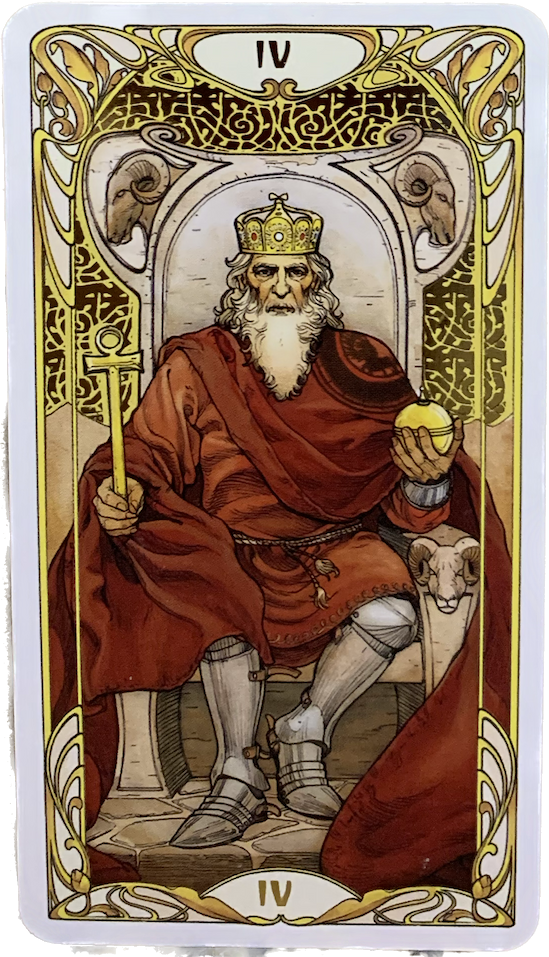 A man clothed in red sits on a throne, holding the Cross of Life in one hand, and an orb in the other