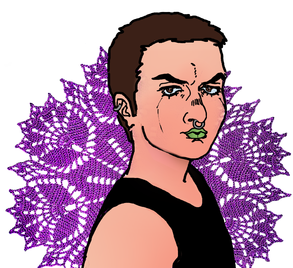 SwiftRed drawn loosely in the Jojo style, with brown hair and green lips and sporting a large septum ring, and a realistic purple doily behind him